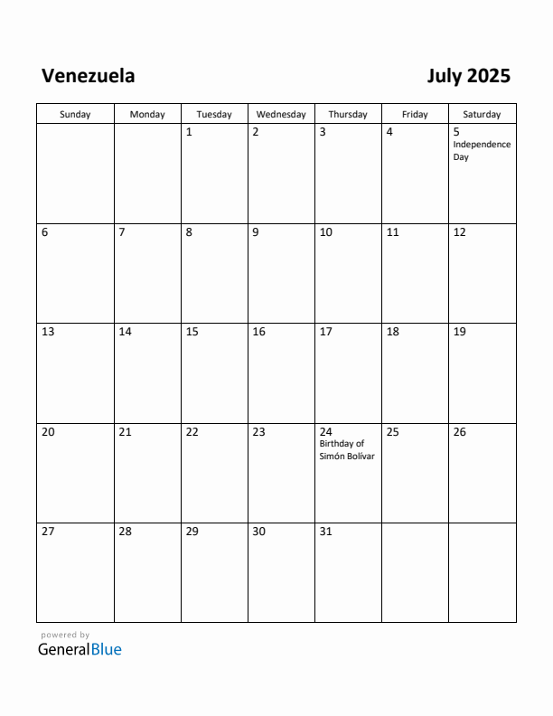 July 2025 Calendar with Venezuela Holidays