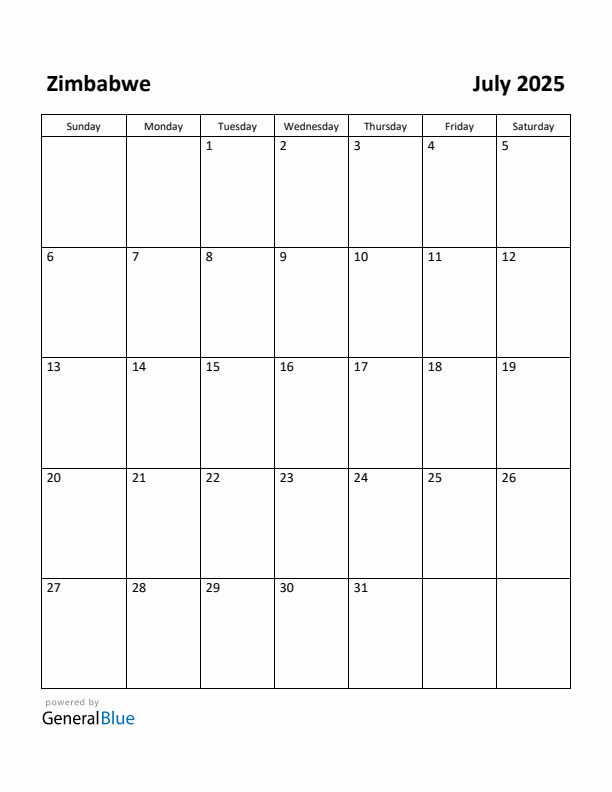 July 2025 Calendar with Zimbabwe Holidays