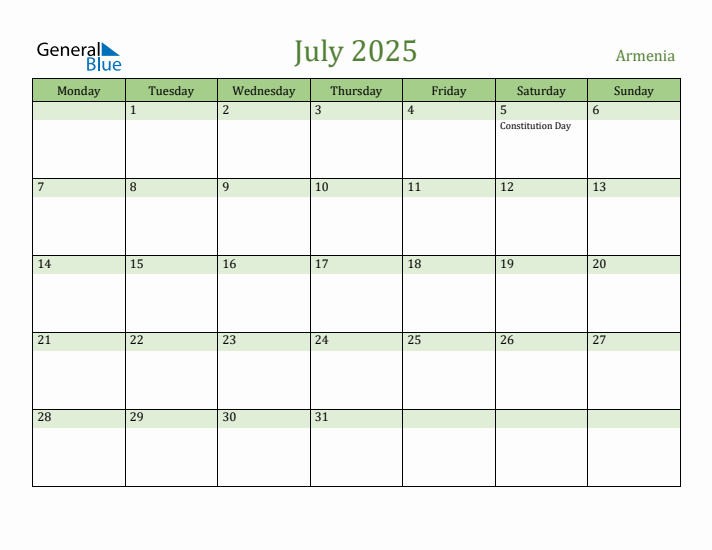 July 2025 Calendar with Armenia Holidays