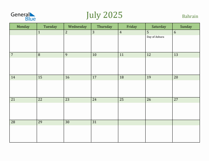 July 2025 Calendar with Bahrain Holidays