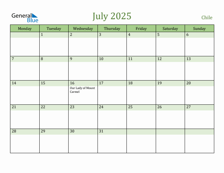 July 2025 Calendar with Chile Holidays