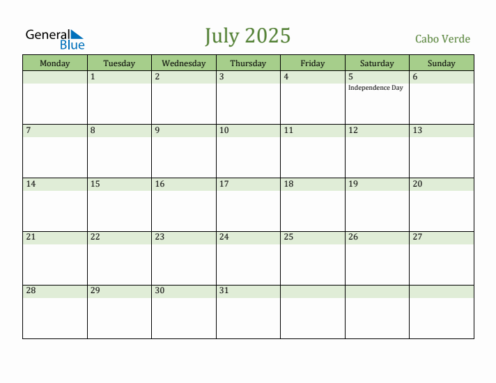 July 2025 Calendar with Cabo Verde Holidays