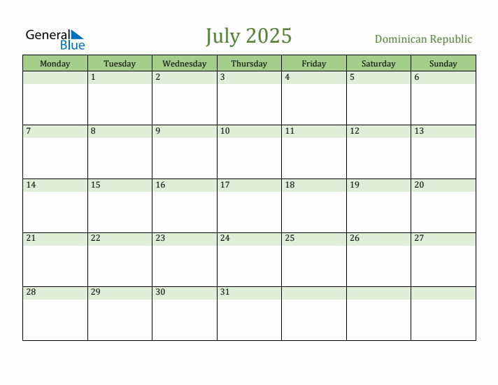 July 2025 Calendar with Dominican Republic Holidays