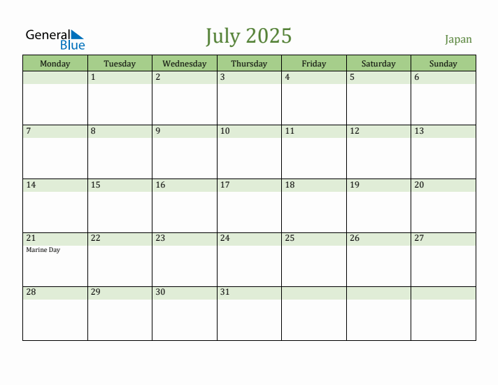 July 2025 Calendar with Japan Holidays