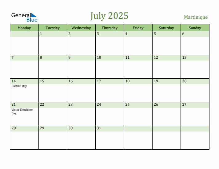 July 2025 Calendar with Martinique Holidays