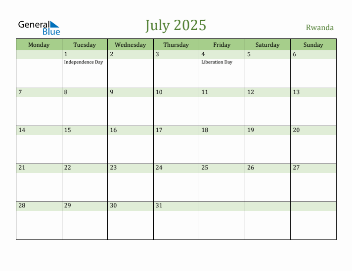 July 2025 Calendar with Rwanda Holidays