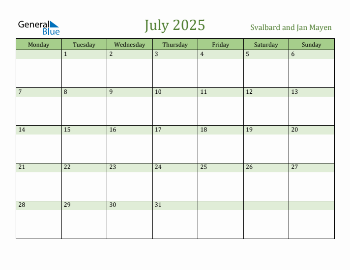 July 2025 Calendar with Svalbard and Jan Mayen Holidays