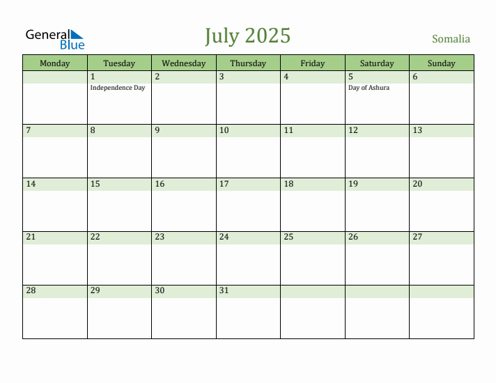 July 2025 Calendar with Somalia Holidays