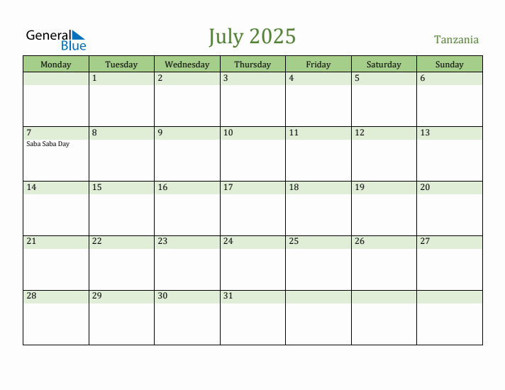 July 2025 Calendar with Tanzania Holidays