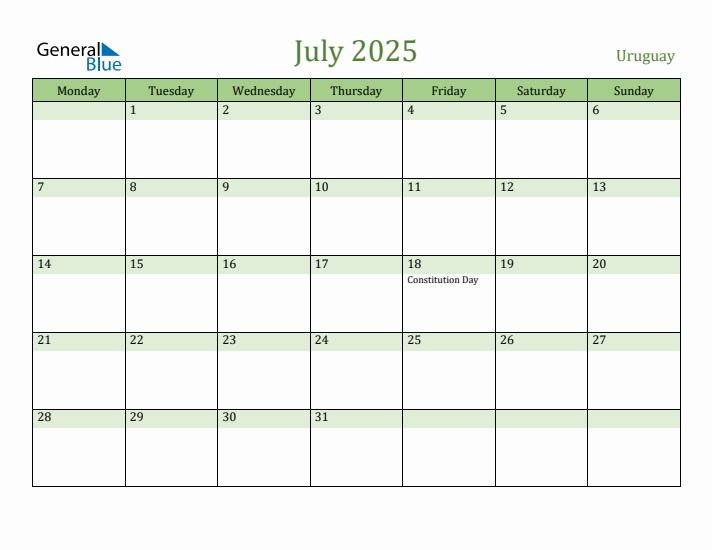 July 2025 Calendar with Uruguay Holidays