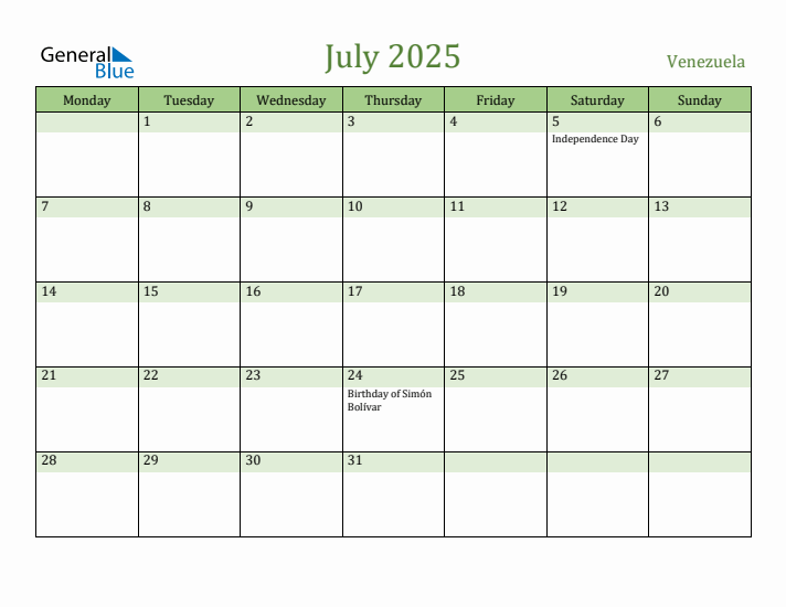 July 2025 Calendar with Venezuela Holidays