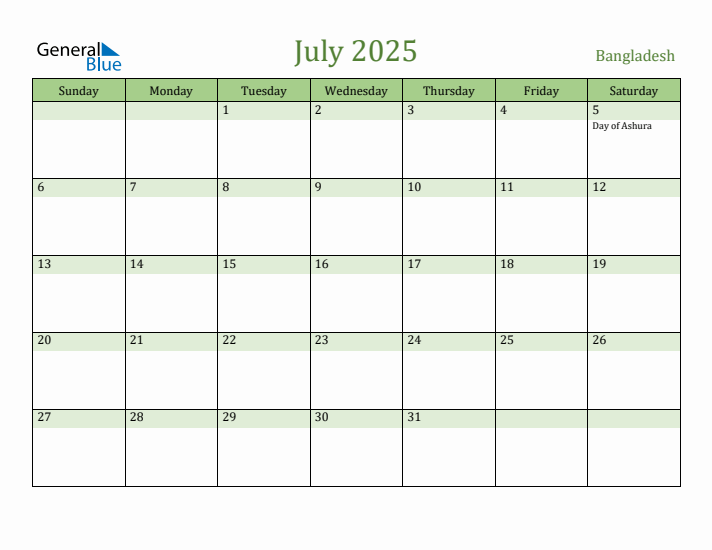 July 2025 Calendar with Bangladesh Holidays