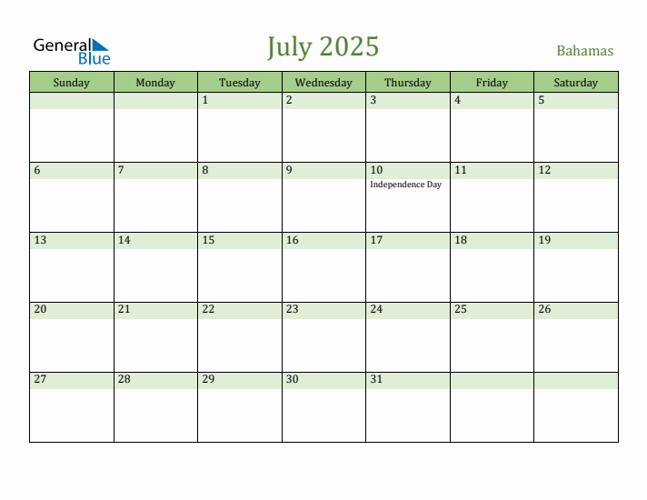 July 2025 Calendar with Bahamas Holidays