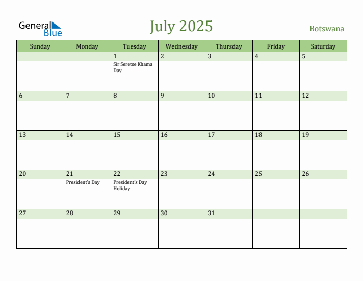 July 2025 Calendar with Botswana Holidays