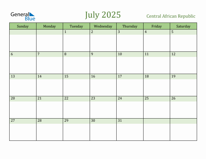 July 2025 Calendar with Central African Republic Holidays