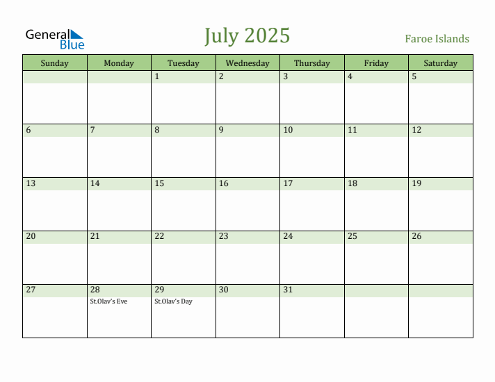 July 2025 Calendar with Faroe Islands Holidays