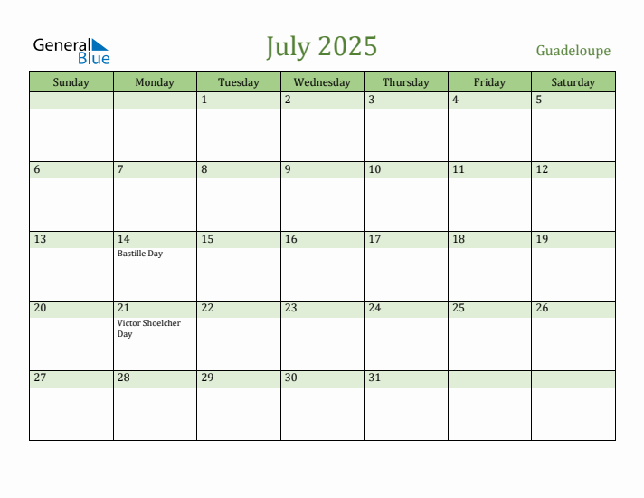 July 2025 Calendar with Guadeloupe Holidays