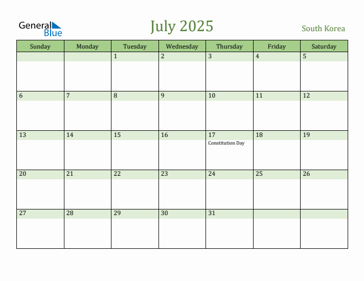 July 2025 Calendar with South Korea Holidays