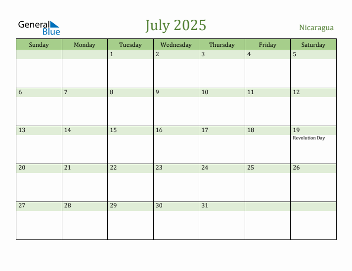 July 2025 Calendar with Nicaragua Holidays