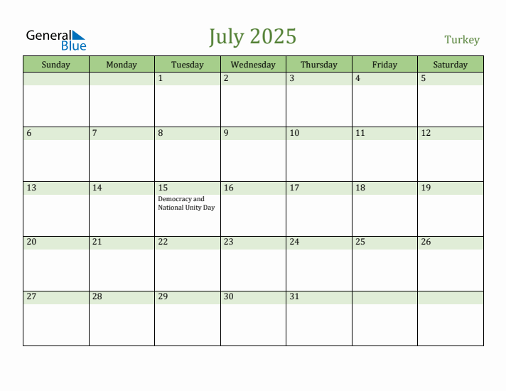 July 2025 Calendar with Turkey Holidays