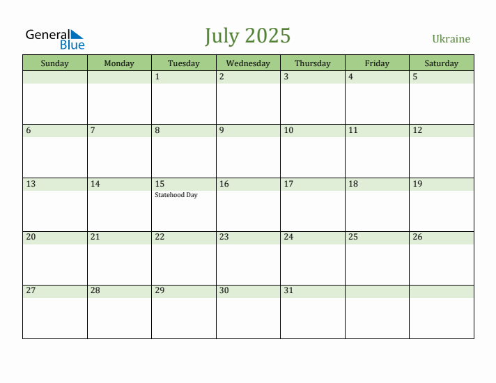 July 2025 Calendar with Ukraine Holidays