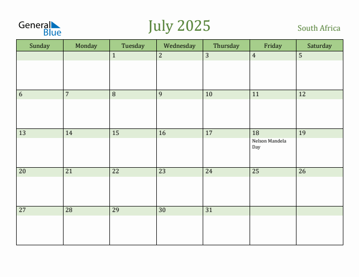 July 2025 Calendar with South Africa Holidays