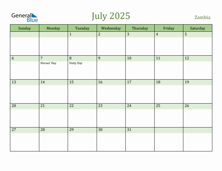 July 2025 Calendar with Zambia Holidays