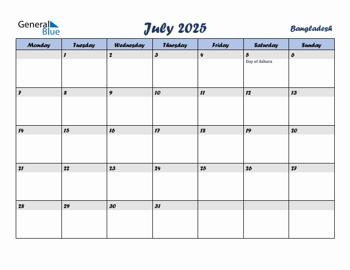 July 2025 Calendar with Holidays in Bangladesh