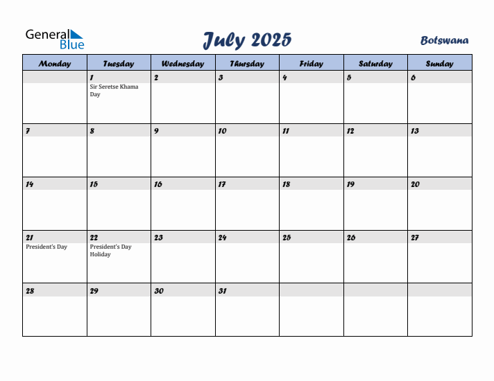 July 2025 Calendar with Holidays in Botswana