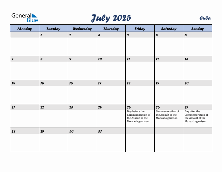 July 2025 Calendar with Holidays in Cuba