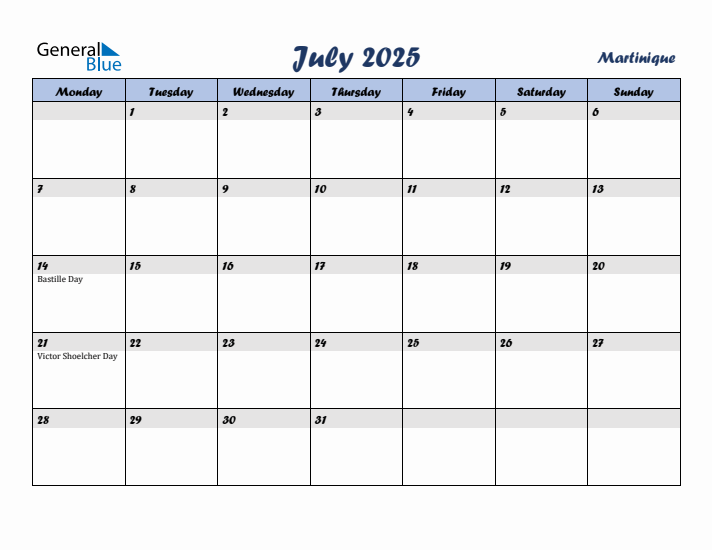 July 2025 Calendar with Holidays in Martinique