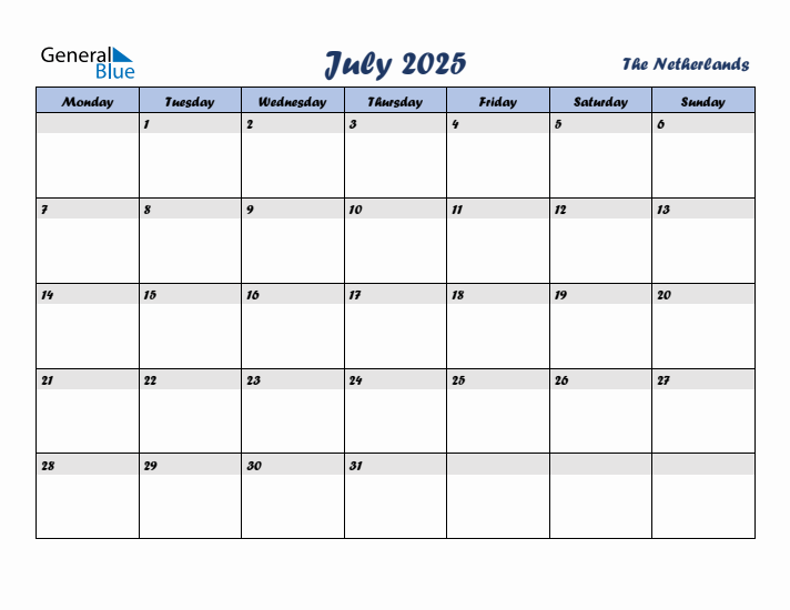 July 2025 Calendar with Holidays in The Netherlands