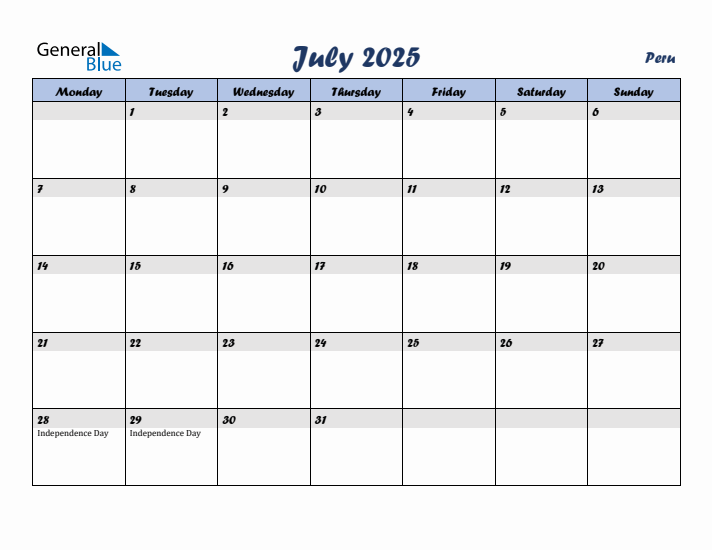 July 2025 Calendar with Holidays in Peru