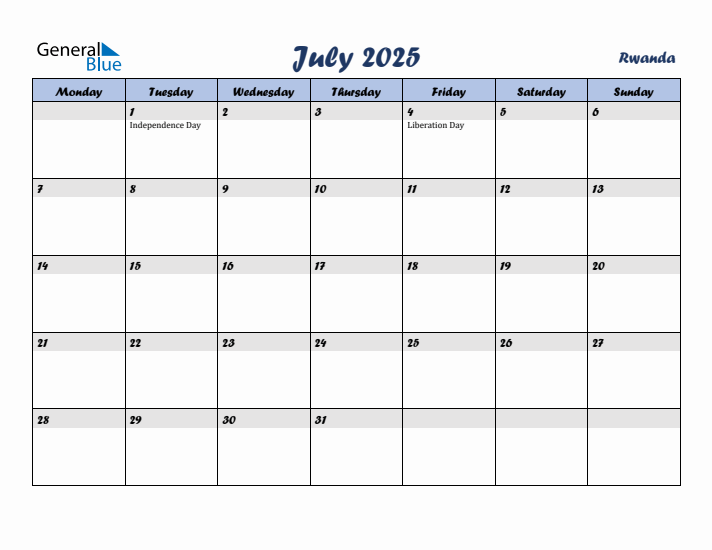 July 2025 Calendar with Holidays in Rwanda