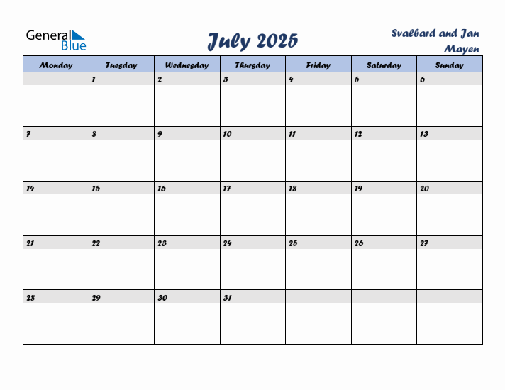 July 2025 Calendar with Holidays in Svalbard and Jan Mayen