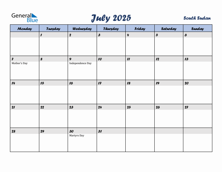 July 2025 Calendar with Holidays in South Sudan