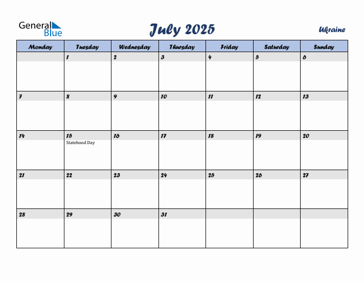 July 2025 Calendar with Holidays in Ukraine