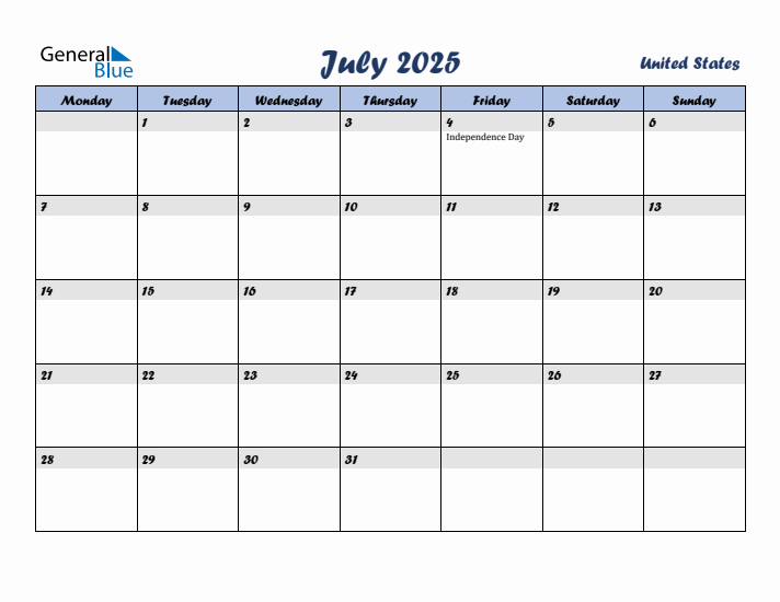 July 2025 Calendar with Holidays in United States