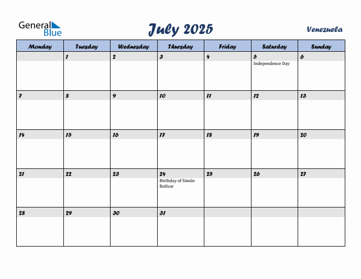 July 2025 Calendar with Holidays in Venezuela