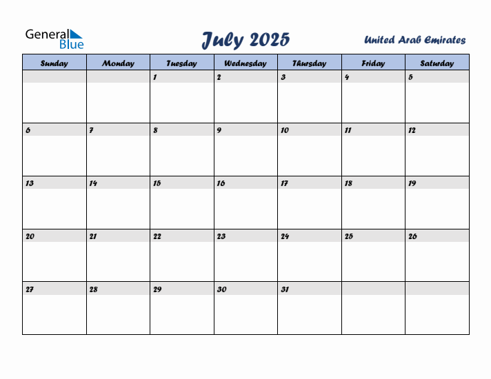 July 2025 Calendar with Holidays in United Arab Emirates