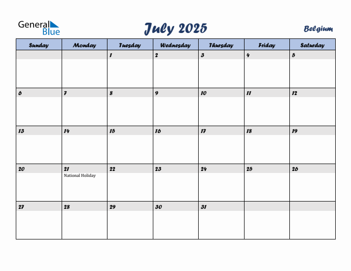 July 2025 Calendar with Holidays in Belgium