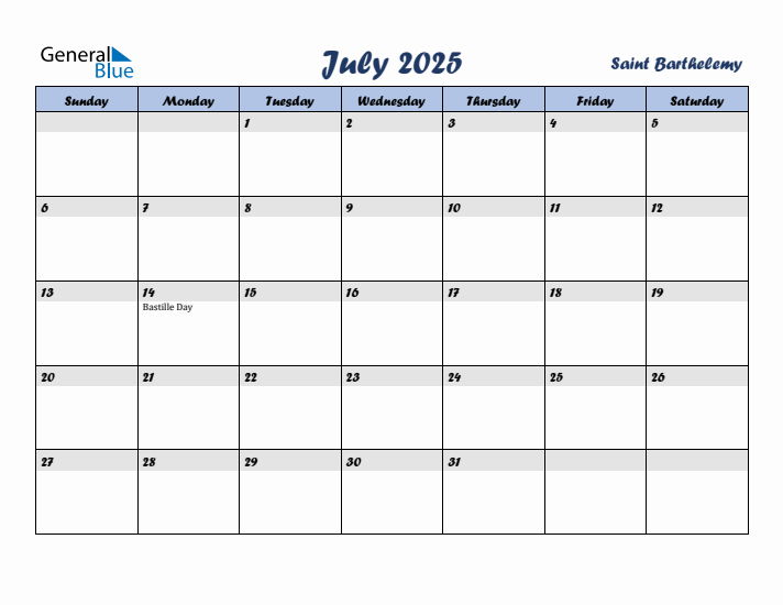 July 2025 Calendar with Holidays in Saint Barthelemy