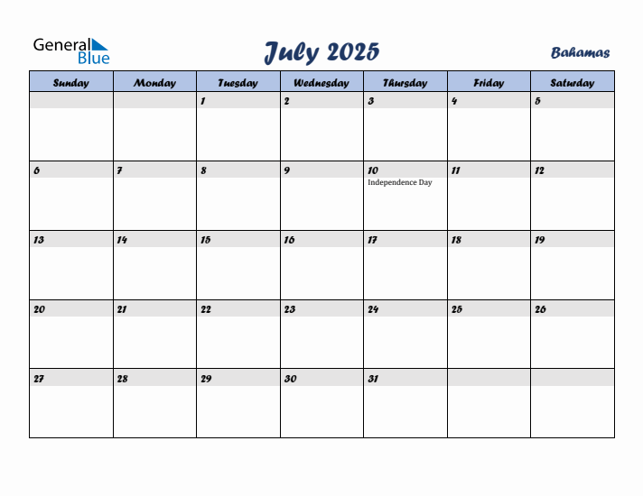 July 2025 Calendar with Holidays in Bahamas