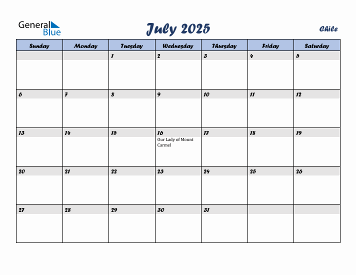 July 2025 Calendar with Holidays in Chile