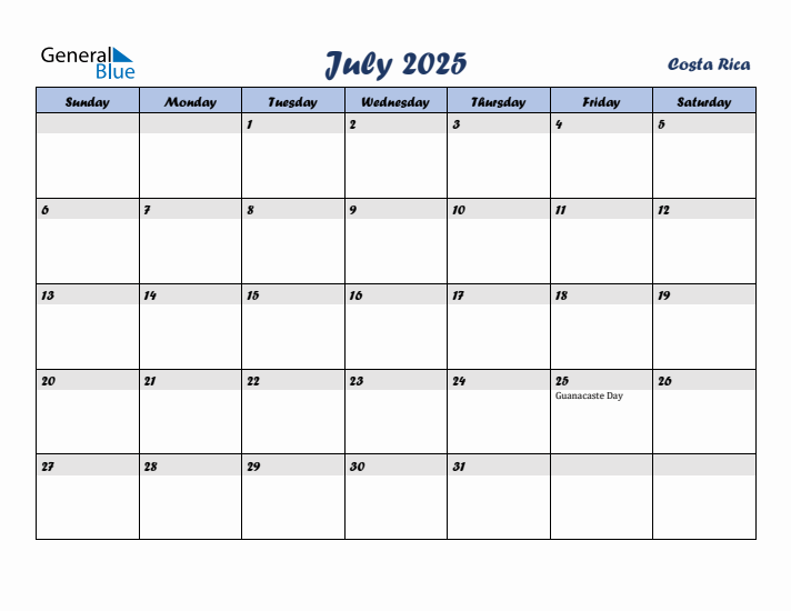 July 2025 Calendar with Holidays in Costa Rica