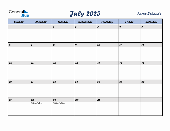 July 2025 Calendar with Holidays in Faroe Islands