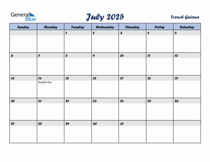 July 2025 Calendar with Holidays in French Guiana