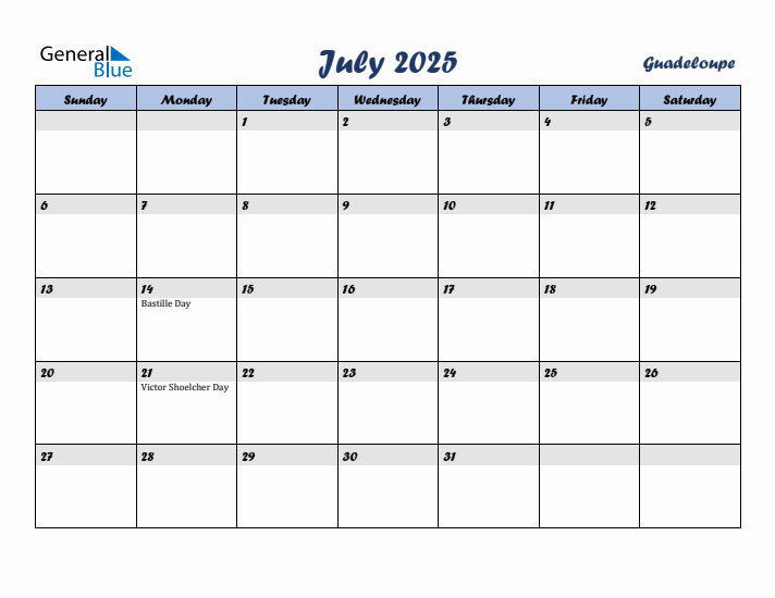 July 2025 Calendar with Holidays in Guadeloupe