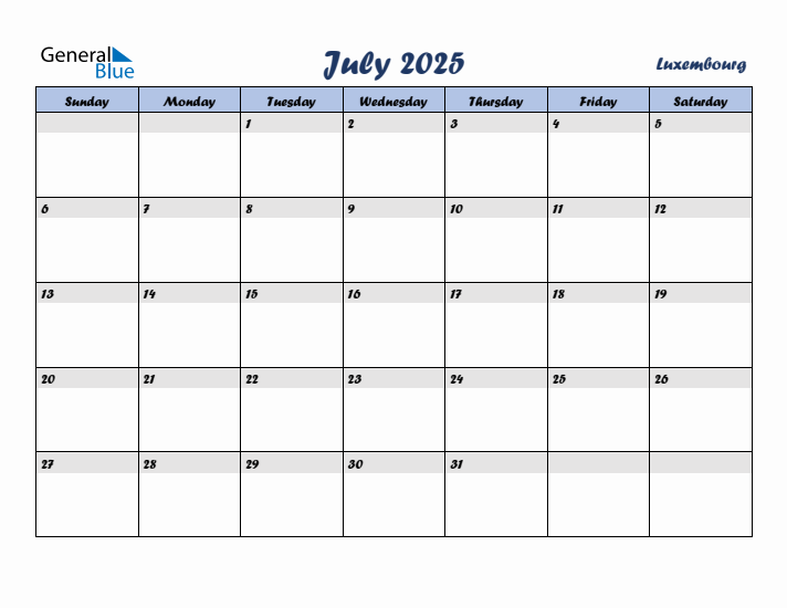 July 2025 Calendar with Holidays in Luxembourg