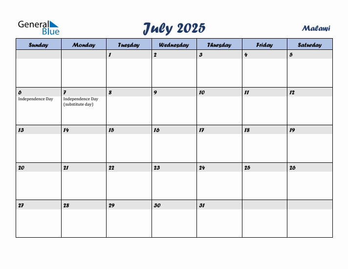 July 2025 Calendar with Holidays in Malawi